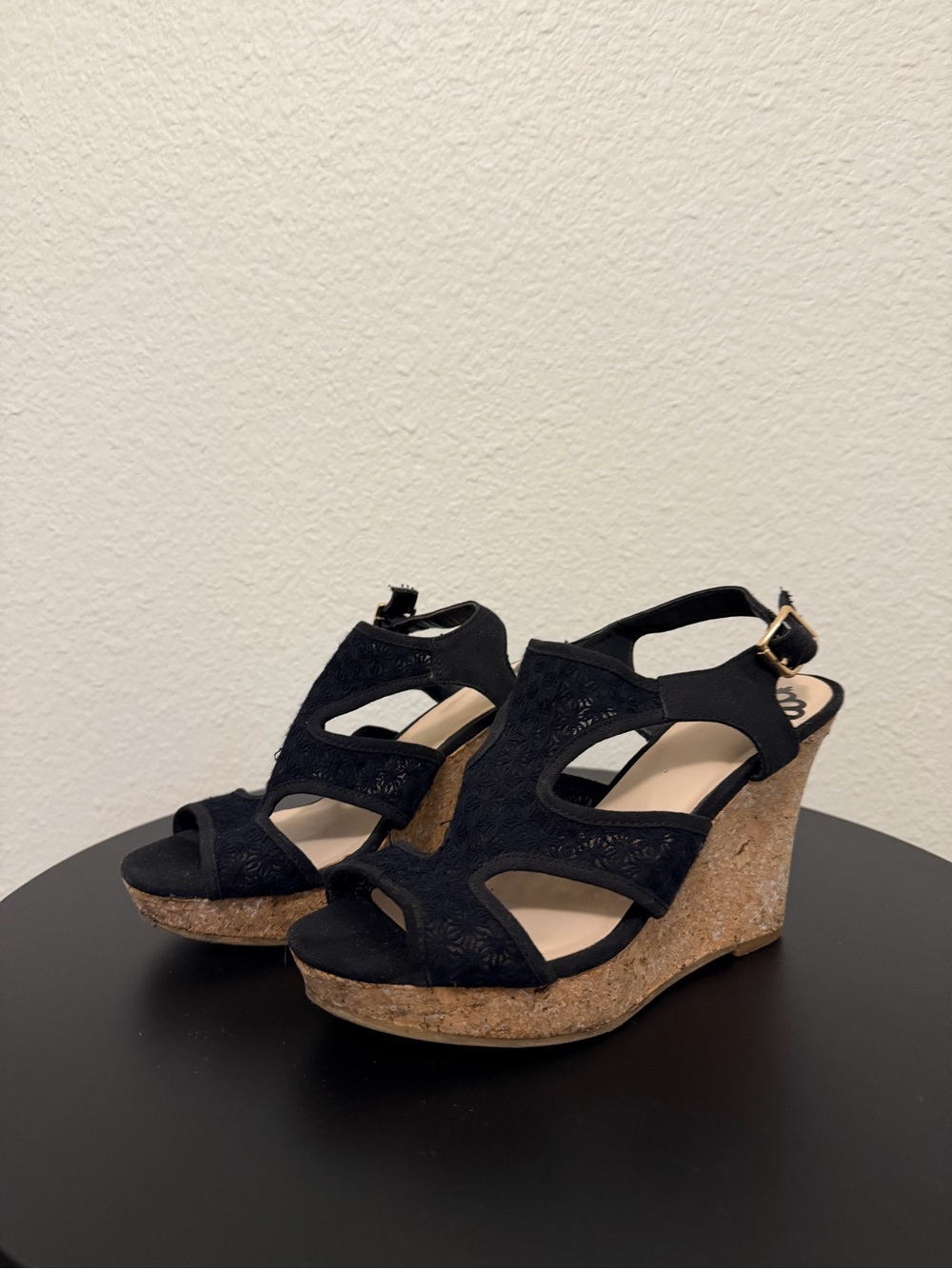Fergalicious Black Cork Wedge Sandals with Cutout Upper - Picture 1 of 5